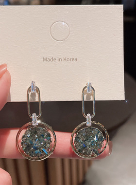 银针时尚绿色水晶立体几何形耳环电镀14K气质碎钻耳坠耳饰品