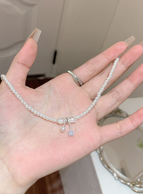 森系甜美气质珍珠项链女轻奢小众简约高级感蝴蝶结吊坠锁骨链颈链