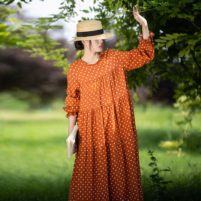 Literary orange polka dot long sleeve dress for women in spring