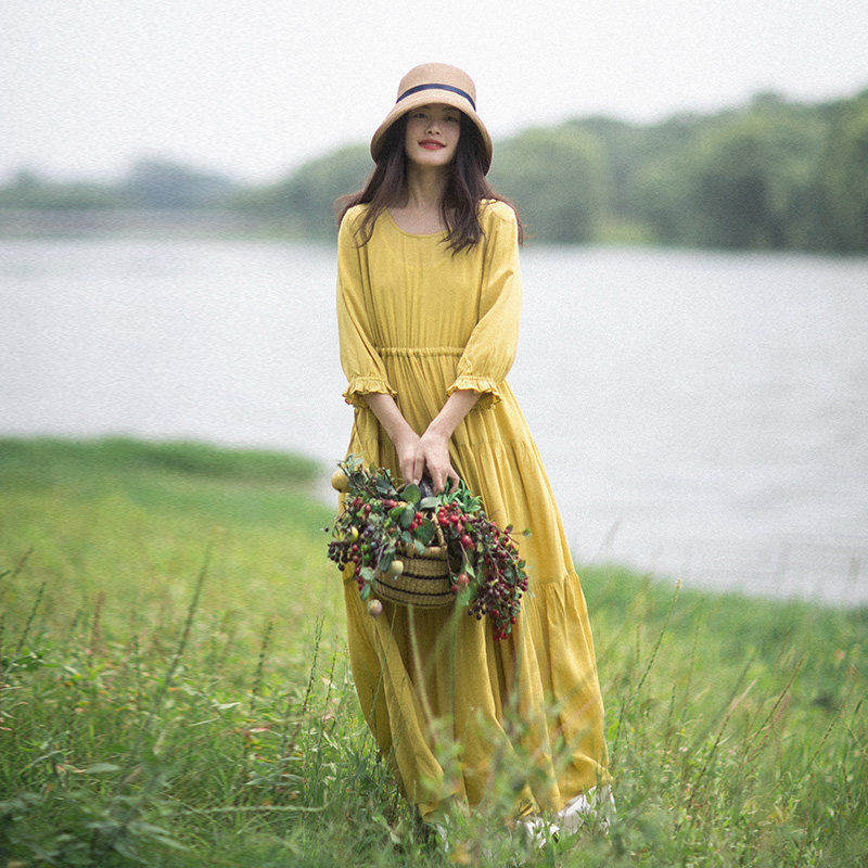 【出清】垂感连衣裙女长袖夏季裙2025新款气质黄色长裙收腰拼接裙,淘宝优惠券,粉丝福利购,淘宝优惠卷