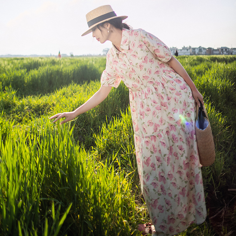 忆旧【月神花园】复古衬衫领连衣裙女夏季碎花长裙纯棉灯笼短袖裙