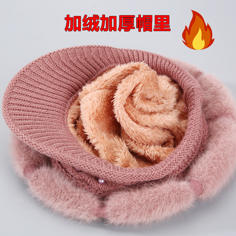 冬季中老年人帽子女老太太兔毛线妈妈加绒厚保暖老人奶奶针织棉帽
