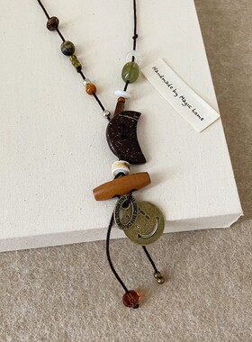 民族风木质月亮笑脸长款毛衣链时尚复古小众气质高级感百搭项链女