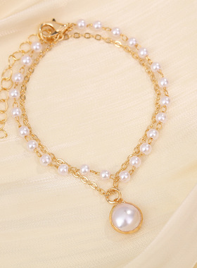 2026欧美跨境双层珍珠手链时尚复古ins风个性设计冷淡风珍珠手饰