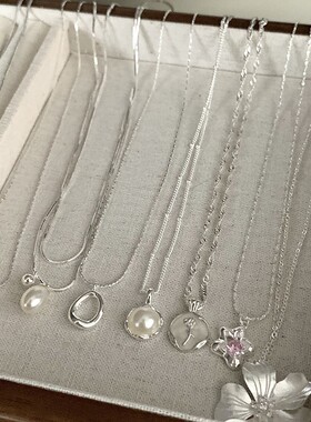 小众简约风素银珍珠蓝宝石项链女ins百搭不掉色锁骨链高级感饰品