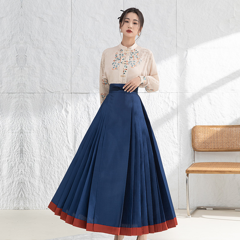 叶央国风汉服元素新中式包边纯色中长马面裙印花天丝对襟立领衬衫 - 图0