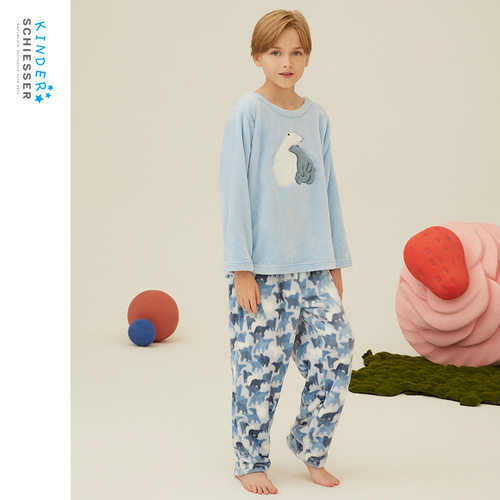 舒雅儿童男孩女孩法兰绒相拥的北极熊秋冬保暖睡衣家居服套装 - 图0