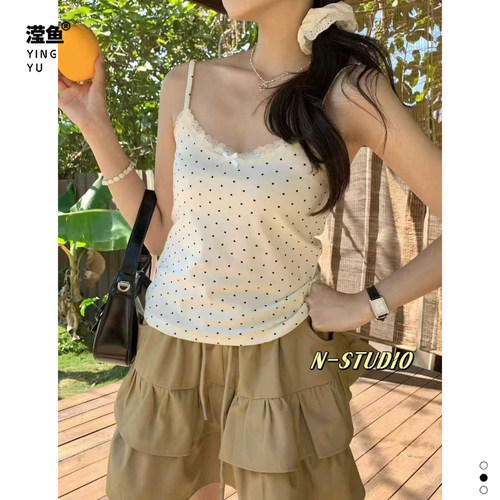 N W3965大码甜辣风波点吊带背心女夏季蝴蝶结蕾丝边内搭外穿上衣 - 图0