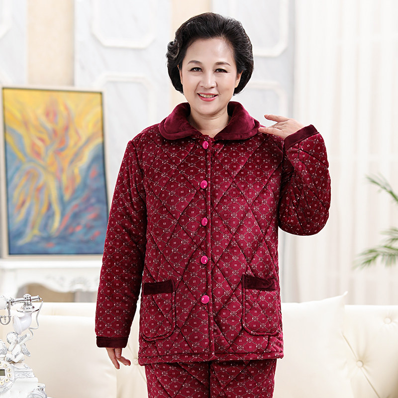 中老年冬季加绒法兰绒婆婆睡衣 羽浪姿睡衣/家居服套装