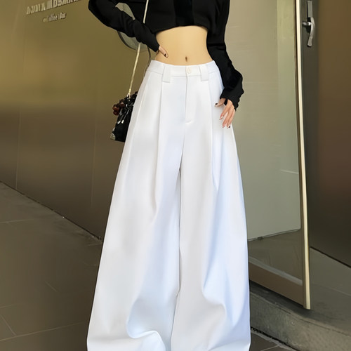 韩系高级感白色西装裤女2025年秋季新款高腰垂感拖地裤阔腿裤子女 - 图1