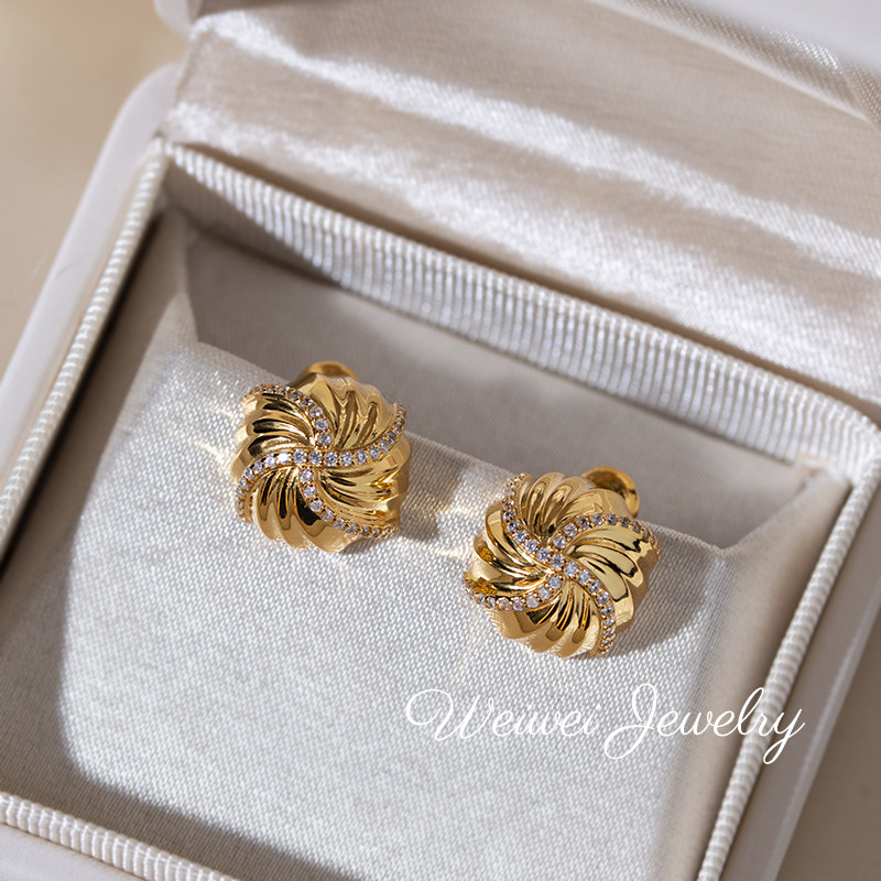 扭纹绣球耳钉法式轻奢复古S925银镀18K金旋纽圆球镶钻耳钉耳饰女,淘宝优惠券,粉丝福利购,淘宝优惠卷