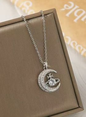 甜酷风锆石镶嵌月牙吊坠项链女