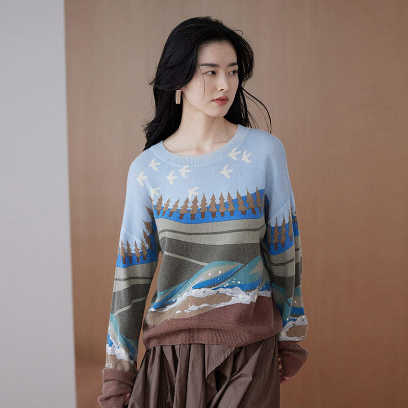 思诺芙德羊绒衫女2025秋冬新款圆领印花毛衣复古民族风长袖针织衫,淘宝优惠券,粉丝福利购,淘宝优惠卷