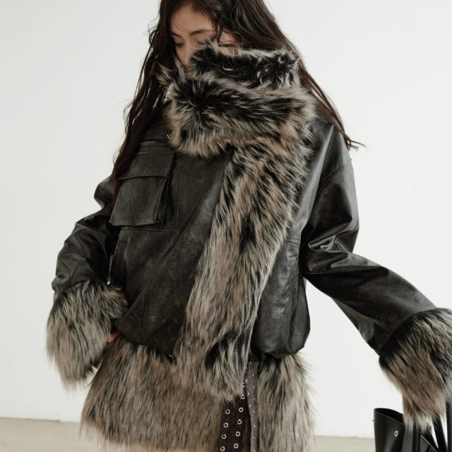 JNYLON-24AW暗黑摇滚无性别松弛不羁正反两穿格子PU仿皮夹克