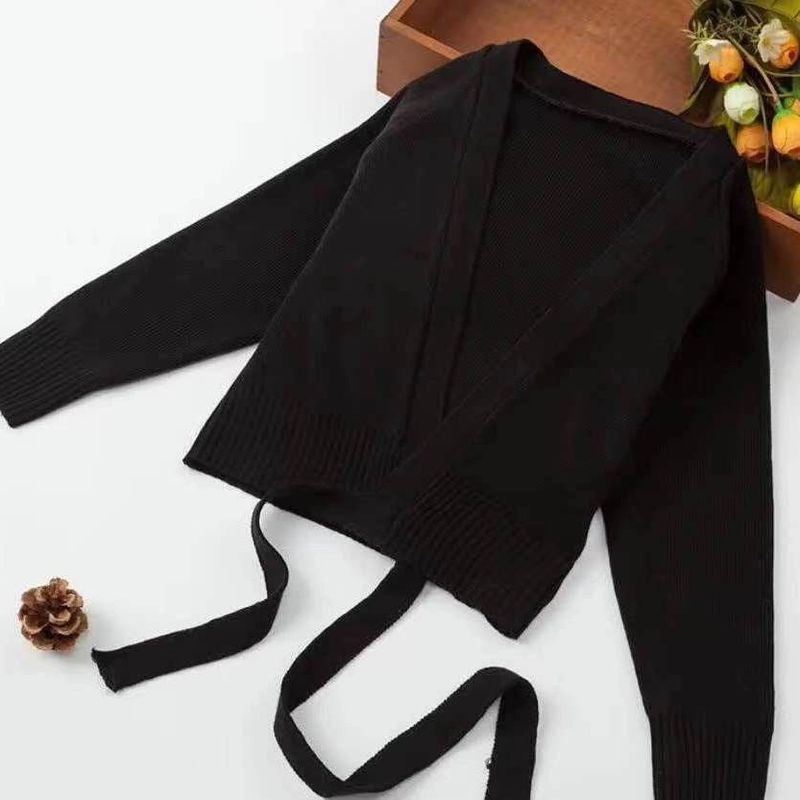 系带儿童秋冬长袖舞蹈练功毛衣加厚针织保暖外套舞蹈披肩练功上衣 - 图2