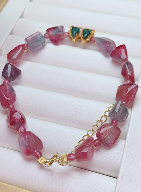 天然老矿紫粉西瓜碧玺原石手串925银原创碧玺手链女生日礼物