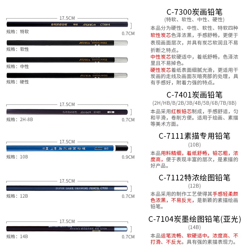 马利铅笔素描绘画工具套装炭笔美术生专用素描笔2b速写2h6b14b软中硬绘图4b马利牌12b画画hb马力玛丽碳笔8b