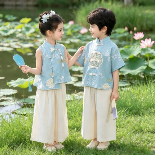 元旦儿童汉服唐装演出服中国风新中式男童女童古装幼儿园表演服装 - 图0