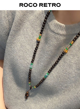 国风新中式 原创黑檀木沙金盘缠仿玉石多宝毛衣链多层手串项链