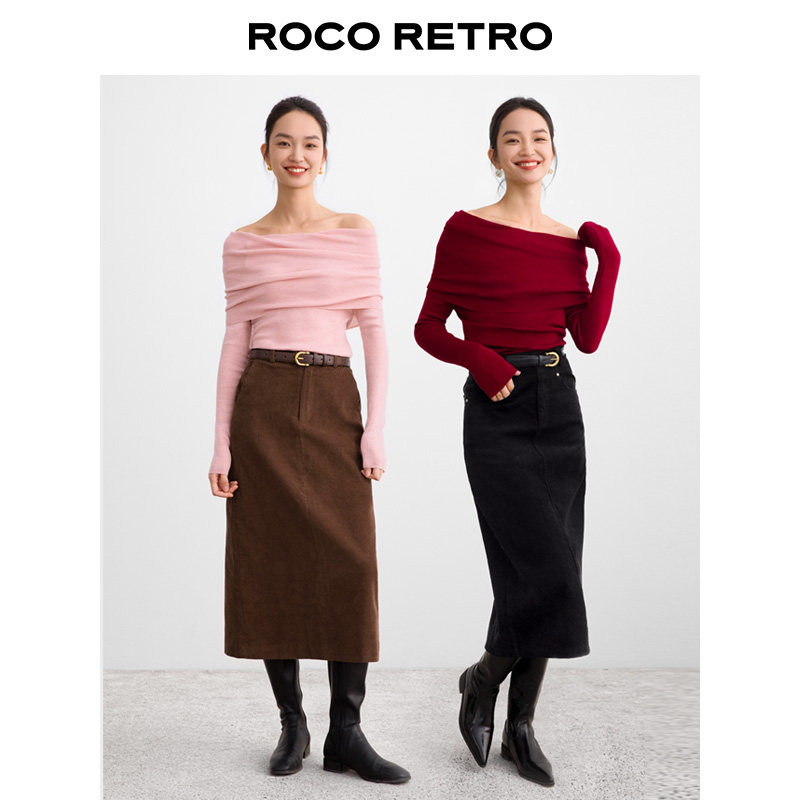 ROCO秋冬季 绝美羊毛一字肩露肩针织衫女长袖红色高级感毛衣上衣,淘宝优惠券,粉丝福利购,淘宝优惠卷