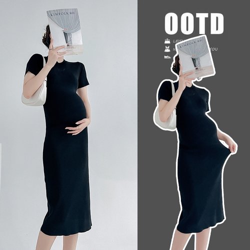 网红孕妇装短袖针织修身显瘦孕妇连衣裙 - 图1