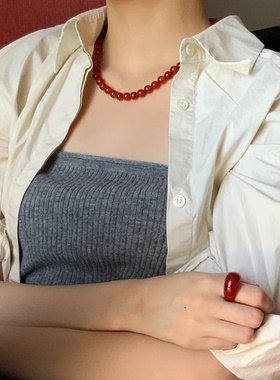 盖娅琳 通体S925银天然红玛瑙项链韩系温柔锁骨链女网红叠带百搭