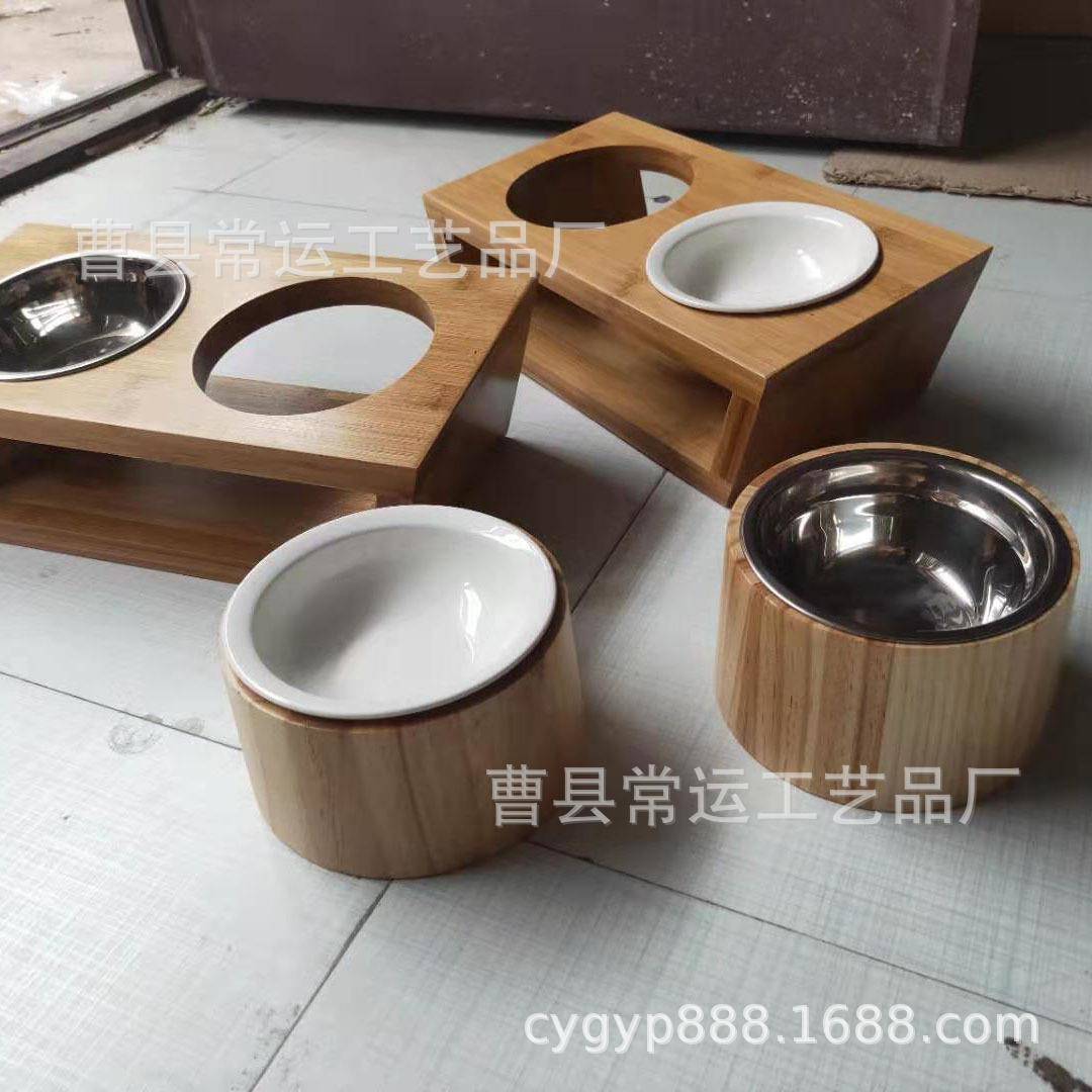 木制宠物实木双碗猫咪护颈陶瓷单碗狗狗狗碗猫碗食盆家用简约用品 - 图0