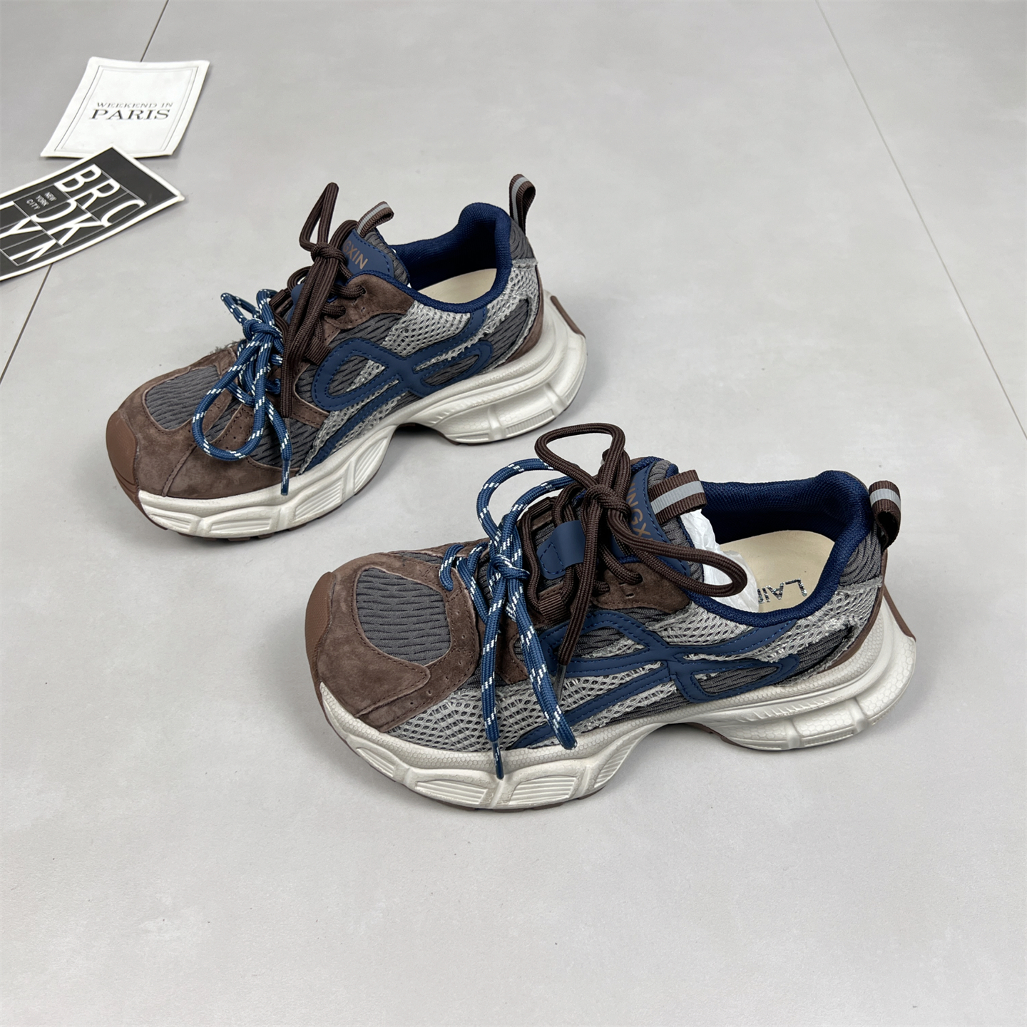 真皮双鞋带老爹鞋女2025秋冬新款网面透气轻便加绒厚底休闲运动鞋 - 图0