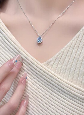 S999纯银新款蓝眼泪项链女款锁骨链吊坠小众轻奢高级感生日女友