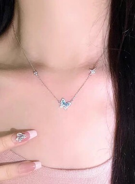香港冰蓝蝴蝶s999纯银项链女轻奢小众设计高级感锁骨链生日送礼物