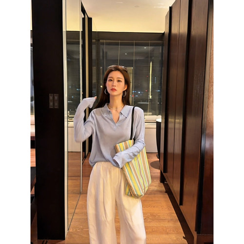 亚麻天丝polo衫女2026夏新款凉感百搭休闲薄套头防晒欧若长袖针织 - 图1