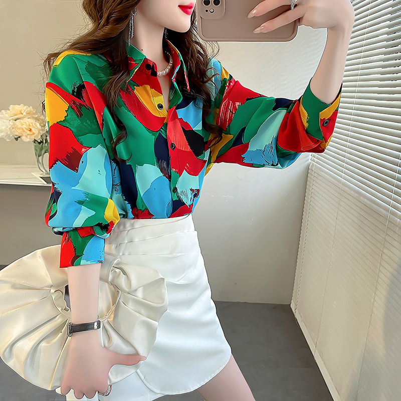 2024早春新款衬衣长袖上衣印花撞色衬衫女大码宽松遮肚子雪纺衫女,淘宝优惠券,粉丝福利购,淘宝优惠卷