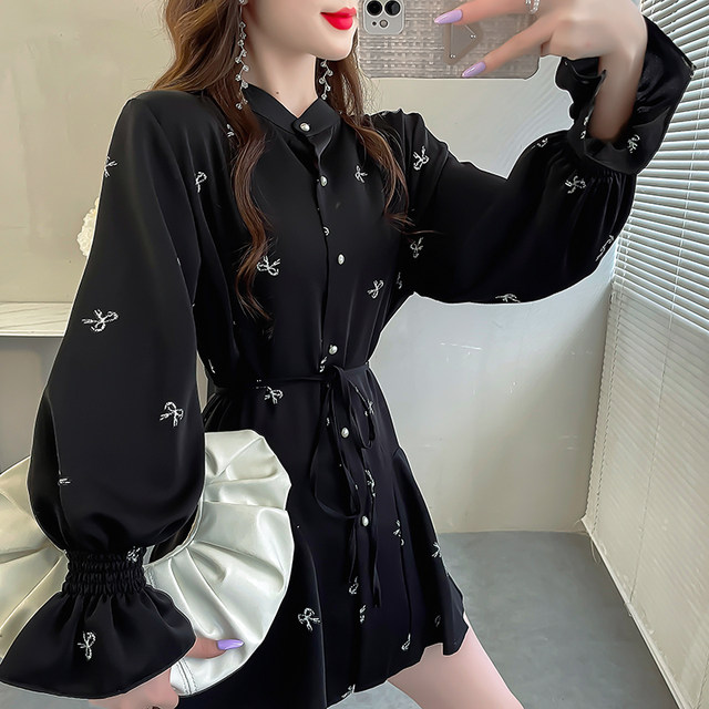 Spring age-reducing printed stand-collar chiffon shirt for women