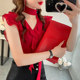 ເສື້ອ chiffon ຄໍ V-neck ສະຫມໍ່າສະເຫມີສີແດງ