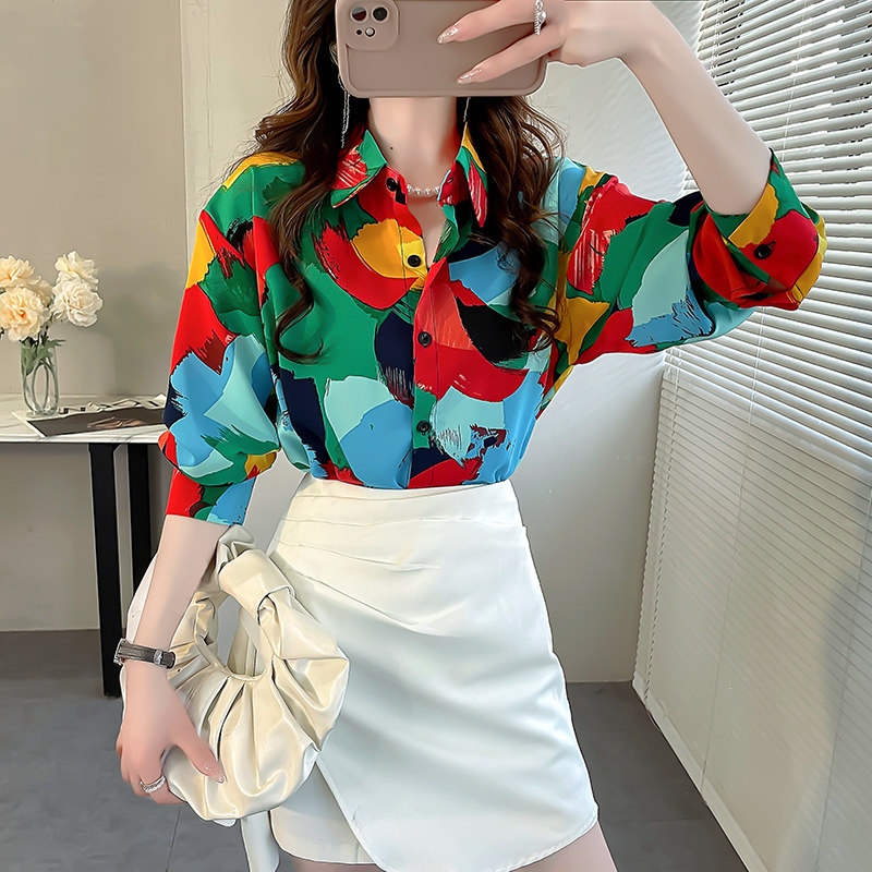 2024早春新款衬衣长袖上衣印花撞色衬衫女大码宽松遮肚子雪纺衫女,淘宝优惠券,粉丝福利购,淘宝优惠卷