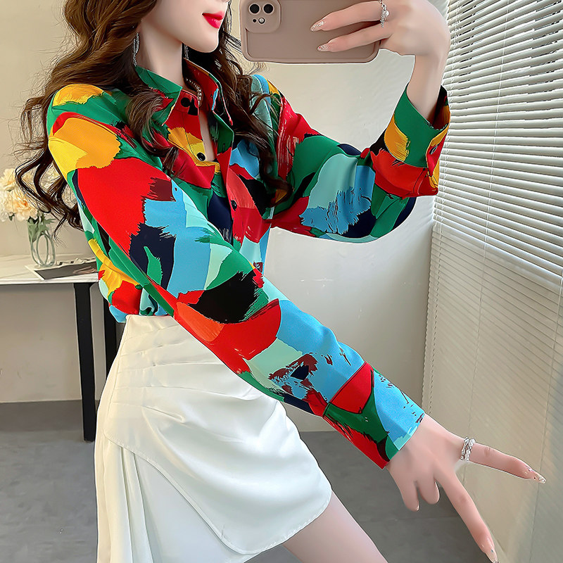 2024早春新款衬衣长袖上衣印花撞色衬衫女大码宽松遮肚子雪纺衫女,淘宝优惠券,粉丝福利购,淘宝优惠卷