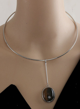 法式极简椭圆原生木纹石项圈女2024年新爆款颈带choker虎眼石