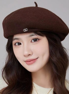 含羊毛贝雷帽子女日系气质百搭大头围显脸小保暖报童画家帽