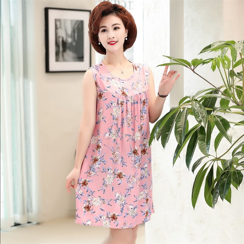 中老年人睡裙夏女士中年圆领连衣裙 羽艺睡裙