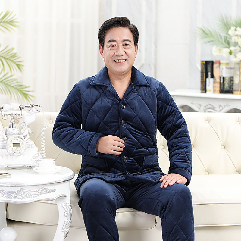 中老年人睡衣男冬珊瑚绒保暖老年三层加厚夹棉中年爸爸家居服套装