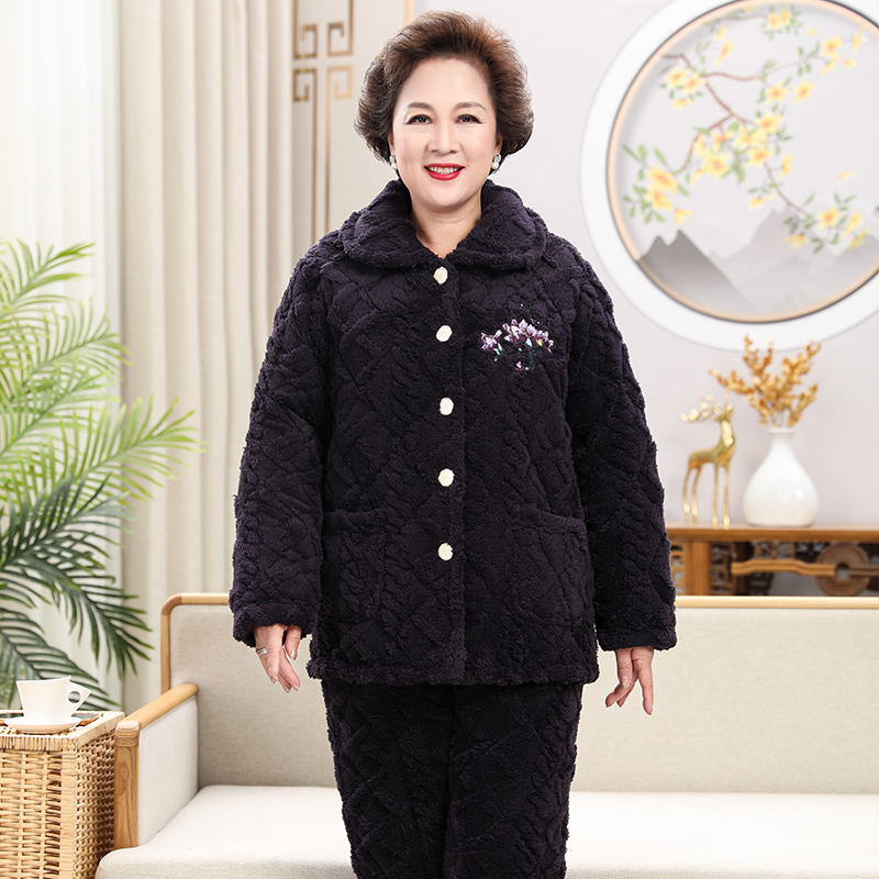 冬季睡衣女三层夹棉袄加厚加绒妈妈套装中老年人珊瑚绒奶奶家居服
