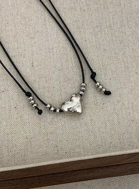 Retro black rope heart-shaped pendant stainless steel neckla