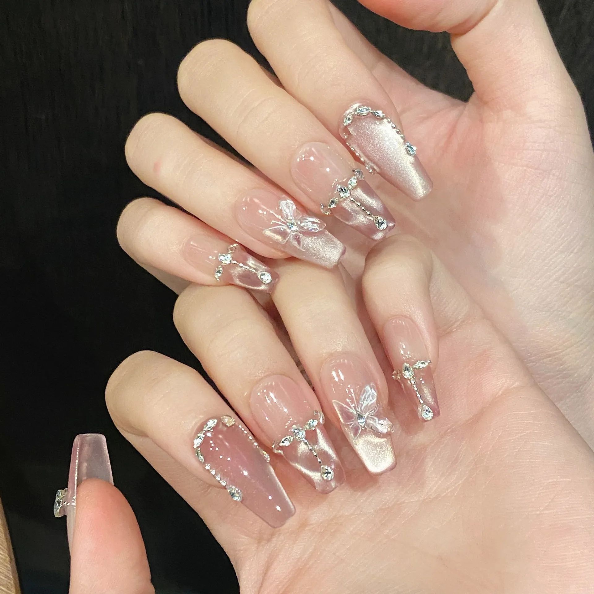 10pcs Handmade Press on Nails Pink Butterfly Design Fake Nai - 图0