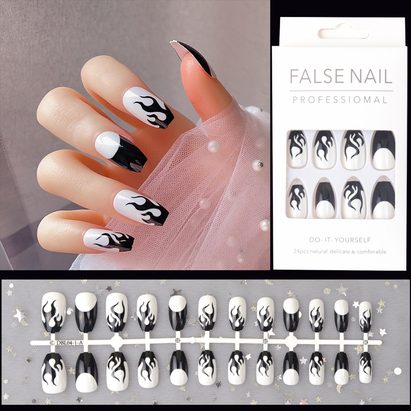 24 Pcs Halloween Flame Design Fake Nails Leopard Butterfly W-图1