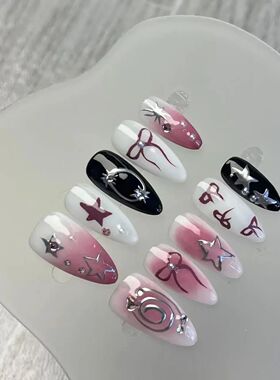 10Pcs Hand Drawn Almond Handmade Press on Nails Bowknot Fake