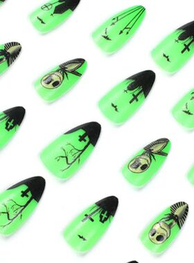 24Pcs Noctilucent skull Fake Nails Almond Long Press On Nail