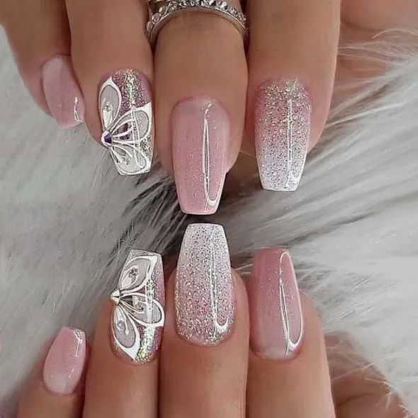 24Pcs Press On Nails Wearable Fake Nails Pink Gradient Glitt-图0