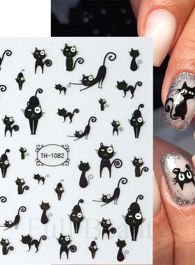 Cute Black Cat Nail Stickers Decals 3D Cat Flowers Nail Art