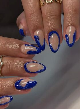 24Pcs Blue French Fake Nails Short Almond Nails Set Press on