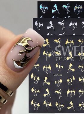 3/4pcs Metallic Dragon Nail Stickers Evil Bat Flying Dragon